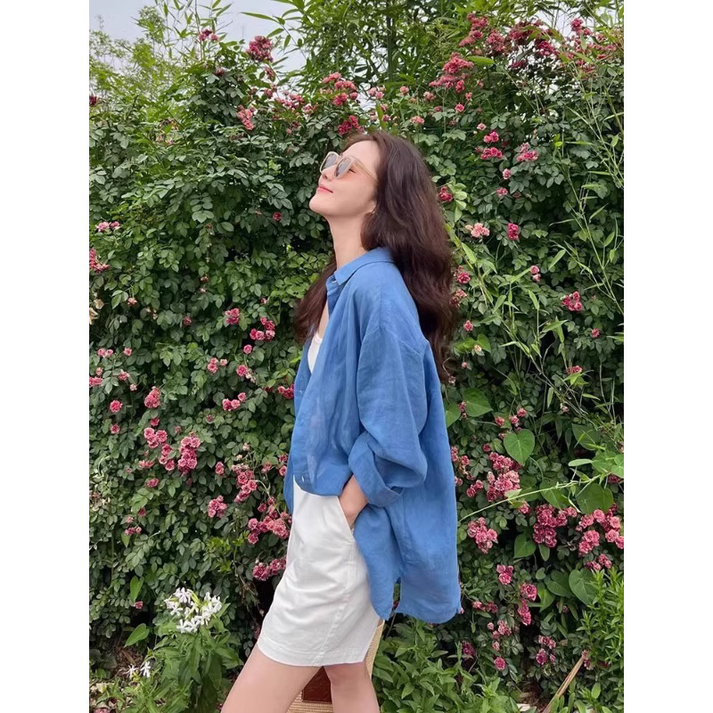 High-End Linen Blue Ramie Sun Protection Shirt Jacket for Women, Summer Thin Cotton-Linen Shirt, Loose Long-Sleeved Top
