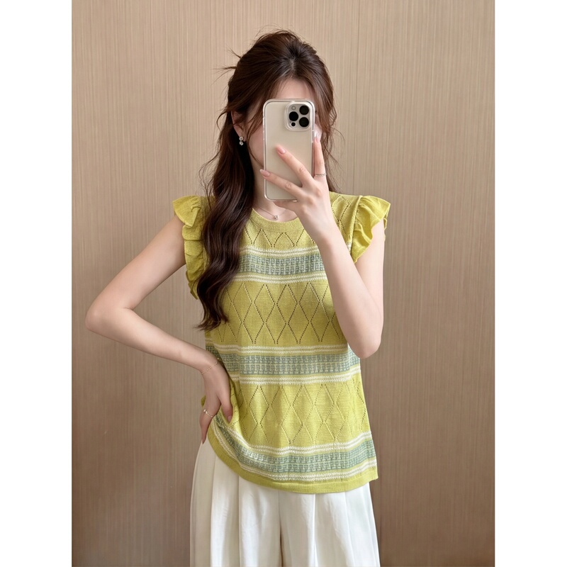 Retro Contrasting Color Hollow-Out Diamond-Pattern Round-Neck Knit Top for Women, Summer Thin Style, Loose Sleeveless Vest Top