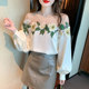 French retro high-quality embroidered flower chiffon shirt women's spring dress design sense mesh stitching one-shoulder top