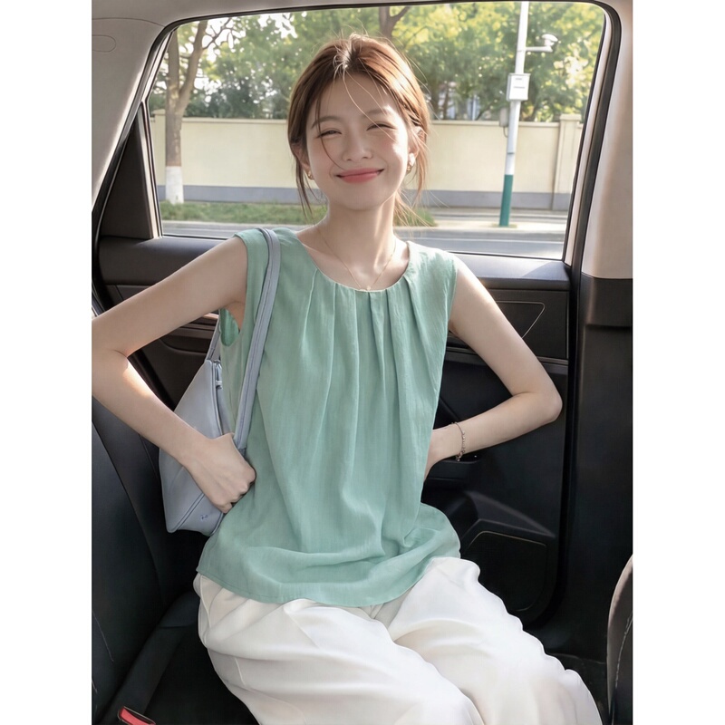Mint Green Cotton and Linen Tank Top for Women, Summer Outerwear, Sleeveless, Wide Shoulder Straps, High-End, Lazy Style, Dopamine Top Mint Green Cotton and Linen Tank Top for Women, Summer Outerwear, Sleeveless, Wide Shoulder Straps, High-End, Lazy Style, Dopamine Top
