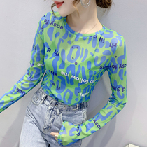 Summer thin mesh sunscreen base shirt letter print long sleeve T-shirt female 2021 new foreign style Joker top