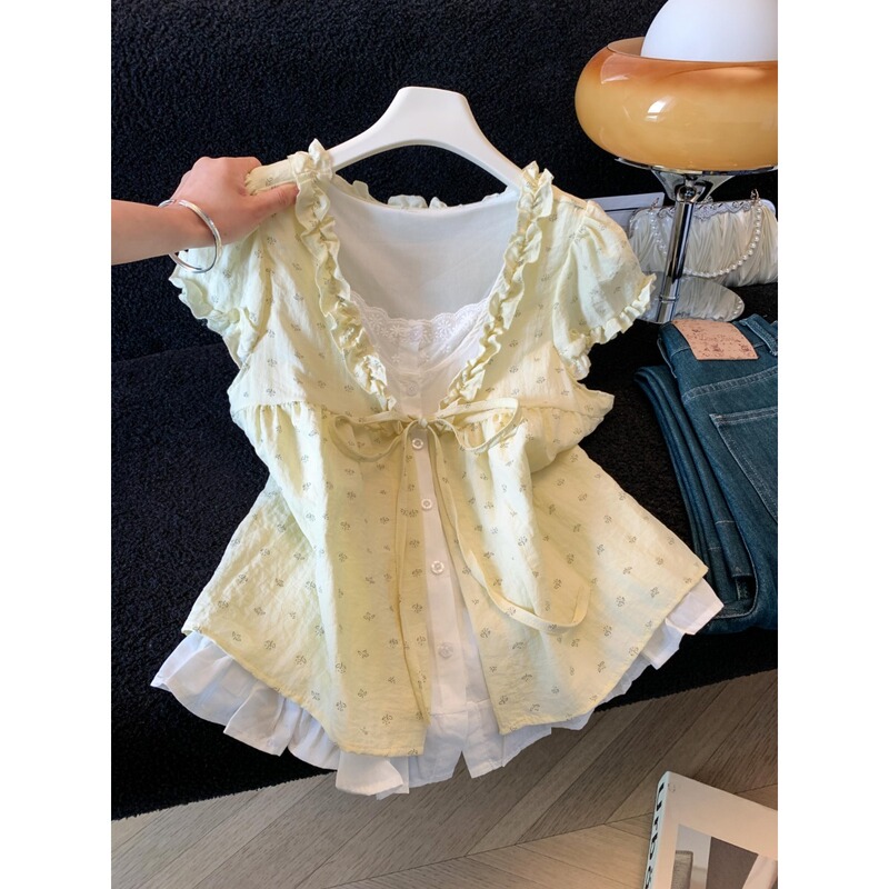Light Yellow Floral Ruffled Fake Two-Piece Short-Sleeved Shirt for Women, Summer, Very Pretty, Age-Reducing, Slimming Top
