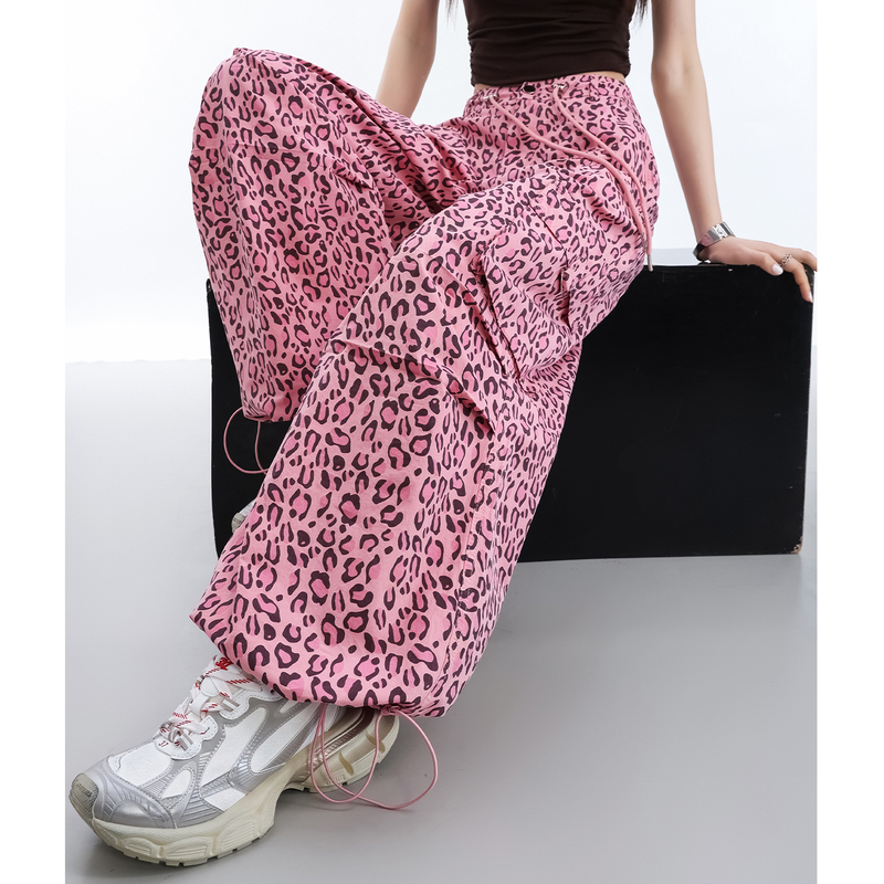 Rose Red Leopard Print Pants for Women, Summer Functional Cool Style Jogger Cargo Wide-Leg Pants, Sports Street Dance Pants