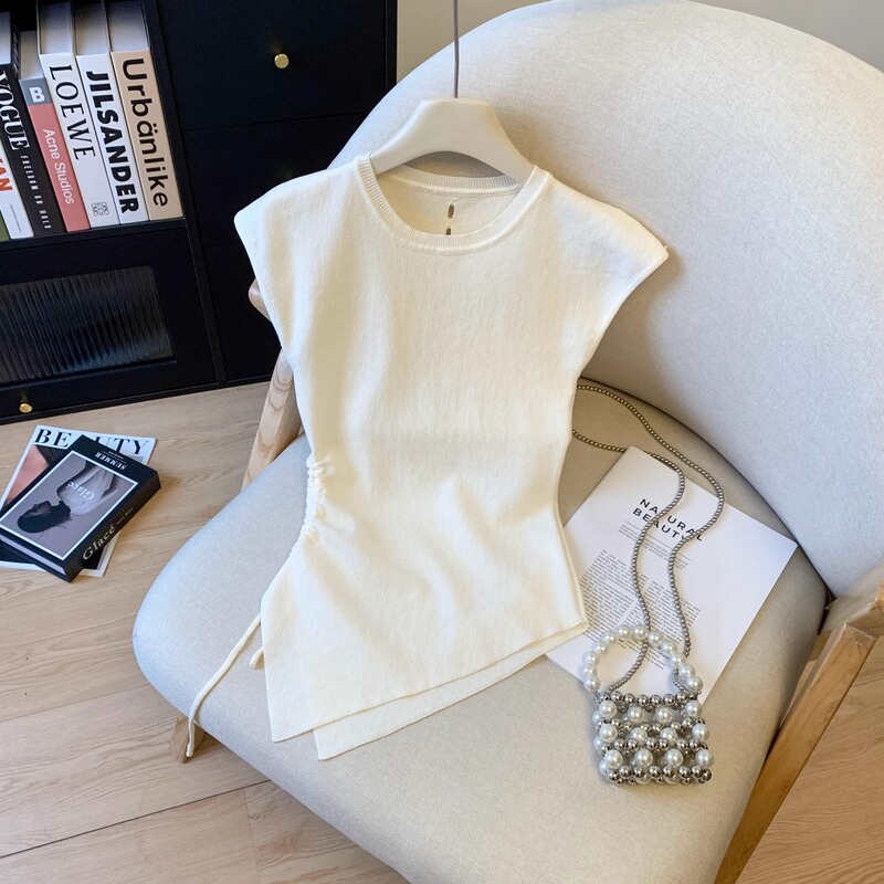 Irregular Drawstring Sleeveless T-Shirt for Women, New Summer Style with Hollow Back Design, Slim Fit, Small Flutter Sleeves, Knitted Top