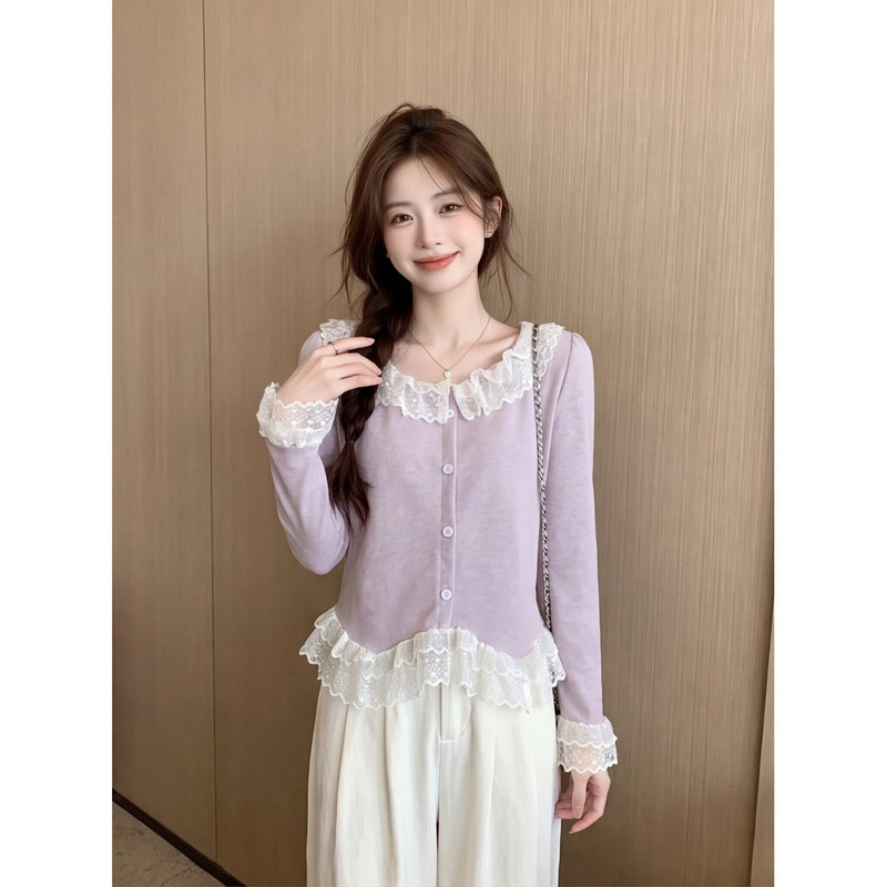 Taro Purple Lace Patchwork Ruffled Top for Women, Stylish and Age-Reducing, Unique and Beautiful Long-Sleeved T-Shirt for Autumn Taro Purple Lace Patchwork Ruffled Top for Women, Stylish and Age-Reducing, Unique and Beautiful Long-Sleeved T-Shirt for Autumn