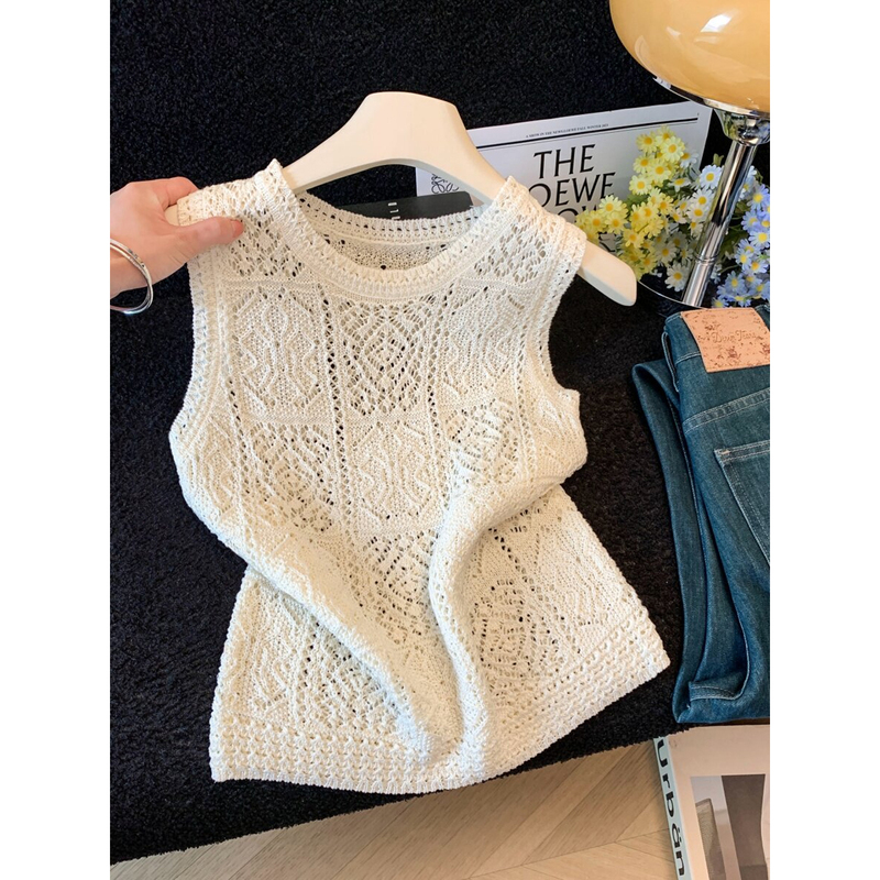 Guangzhou Thirteen Rows High-Quality Popular Item~ Old Money Style Tencel Linen Sleeveless Hollow Crochet Knit T-Shirt for Women in Summer Guangzhou Thirteen Rows High-Quality Popular Item~ Old Money Style Tencel Linen Sleeveless Hollow Crochet Knit T-Shirt for Women in Summer