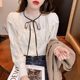 French stand-up collar tie plus velvet lace shirt women autumn and winter 2021 new style ruffled single-breasted bottoming clothes