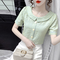 Summer Plaid Chiffon Shirt Womens Summer 2021 New Fashion Western Chiffon Baby Collar Short Sleeve Top