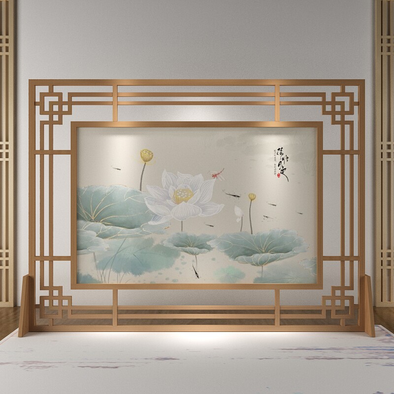 New Chinese solid wood hollowed-out screen partition living room hotel dining hall Xuanguan seat screen semi-transparent yarn quality screen can be moved