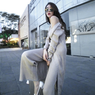 2022 Spring and Autumn New Celebrity Knitted Sweater Wide Leg Pants Suit Casual Slim Vest Pants Jacket Three-piece Set