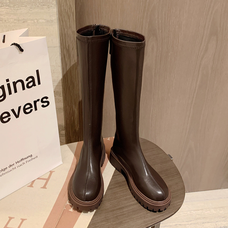 Aeglin brown high-tube elastic thin boots 2022 spring and autumn new style plus velvet to increase the thinness but knee riding boots