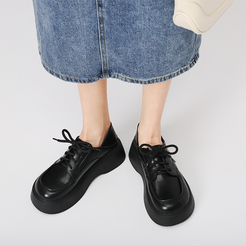Egelin Black College Wind thick soles leather leather leather fabric with round head pine daily jk uniform shoes shoes