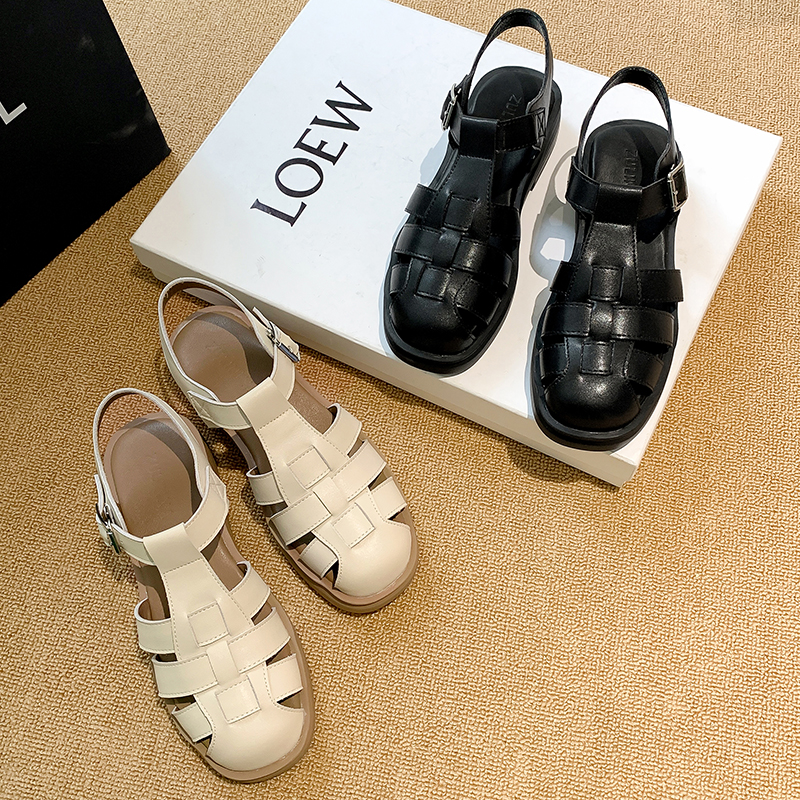 Aeglin Baotou Sandals Women's Leather Spring/Summer 2022 New Retro Soft Sole Thick Heel Braided Hollow Roman Shoes