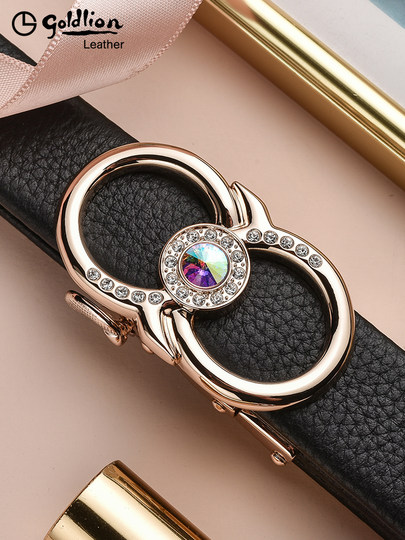 Goldlion Women's Belt 2025 New Genuine Leather Automatic Buckle Cowhide Belt for Women ins Style with Rhinestones for Jeans