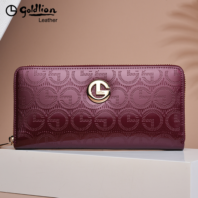 Goldlion Women's Handbag New Model Genuine Leather Long Zipper Wallet Fashionable Cowhide Glossy Patent Leather Gift for Mom Clutch Bag