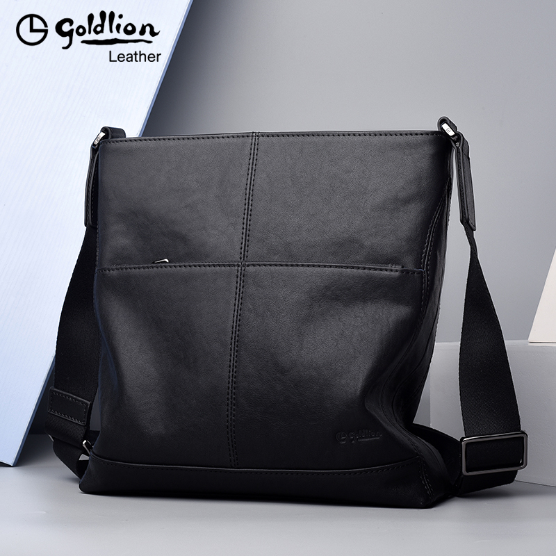 Goldlion Men's Shoulder Bag, Vegetable-Tanned Genuine Leather, Business Large-Capacity Genuine Leather Vertical Style Korean Version Crossbody Bag for Men