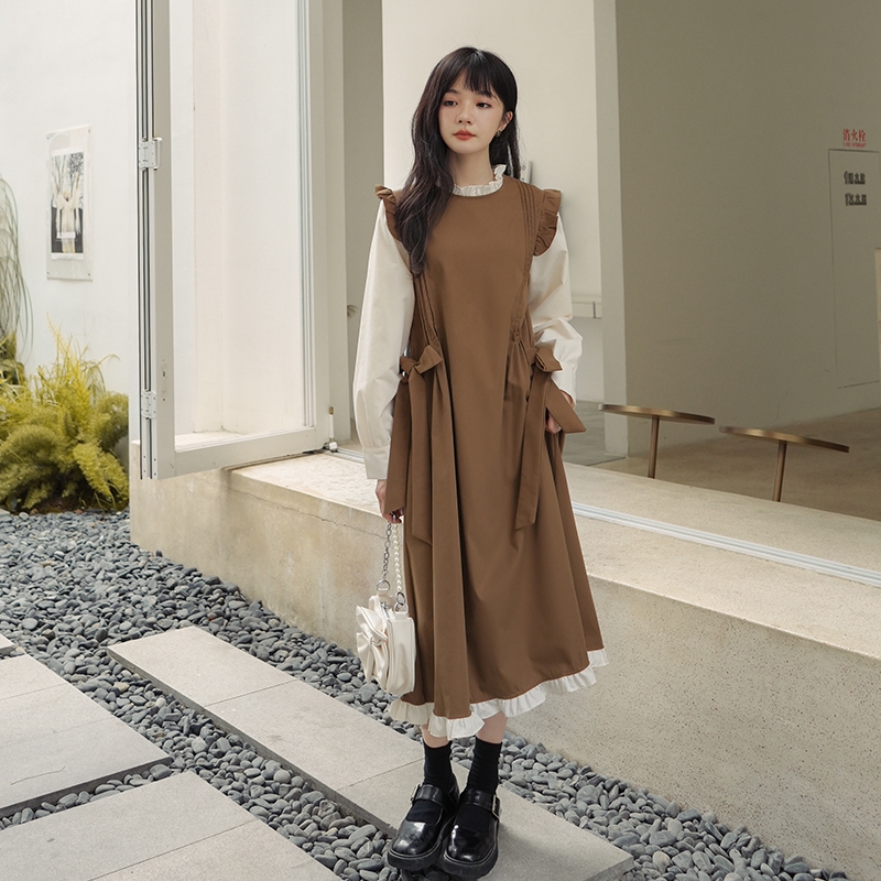 Agaric side splicing fake two-piece dress woman spring fall feeling unique super-looking French style long sleeve dresses Mori department-Taobao