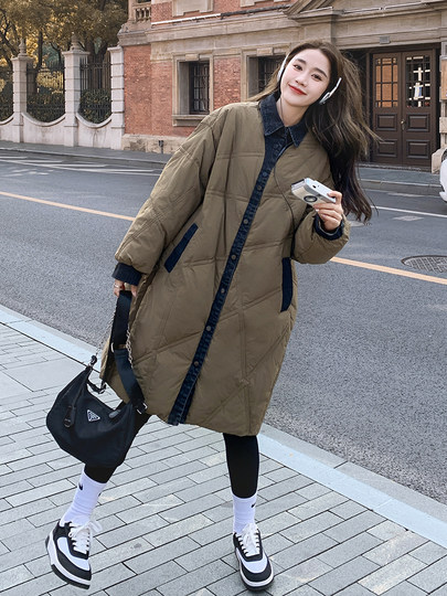 Denim splicing design rhombus plaid down jacket women's mid-length winter coat thickened 2025 fried street white duck down