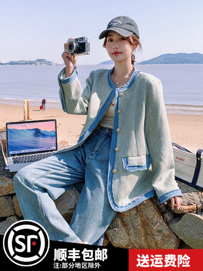 Denim splicing small fragrant style jacket for women spring and autumn 2025 this year's popular fashion high-end design top chic