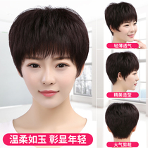 Middle-aged and elderly wigs female short hair round face real hair Mother natural lifelike lady full top real hair wig headgear