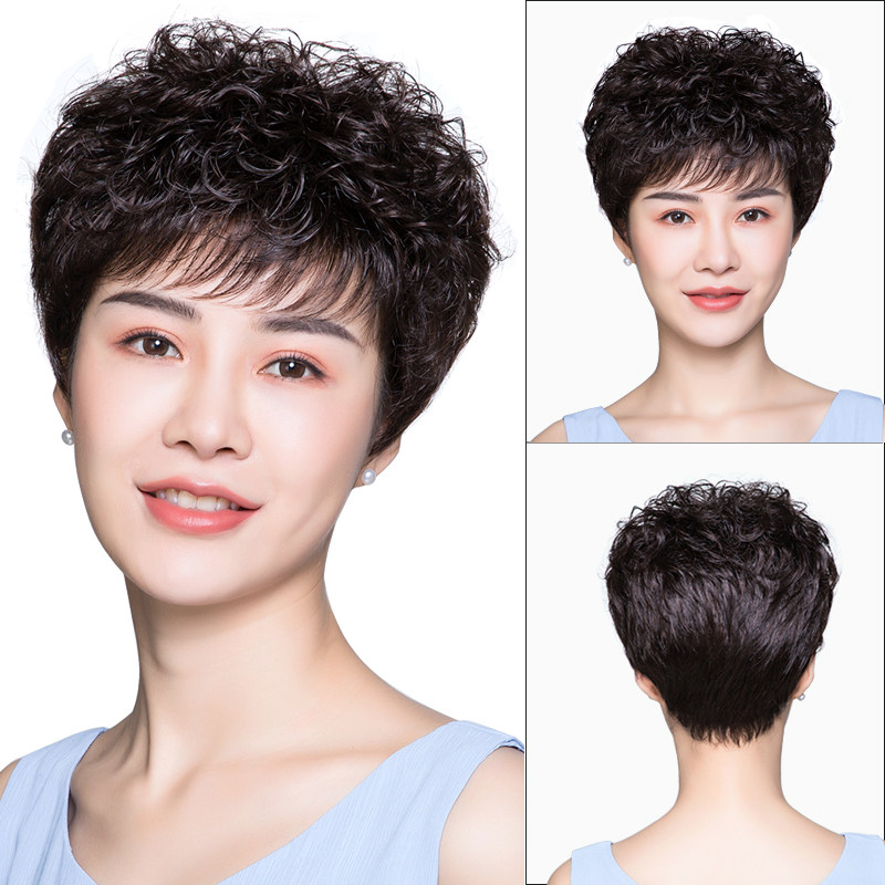 Middle-aged wig female short hair hair round face natural shape real hair full hair full hair mom fluffy curly