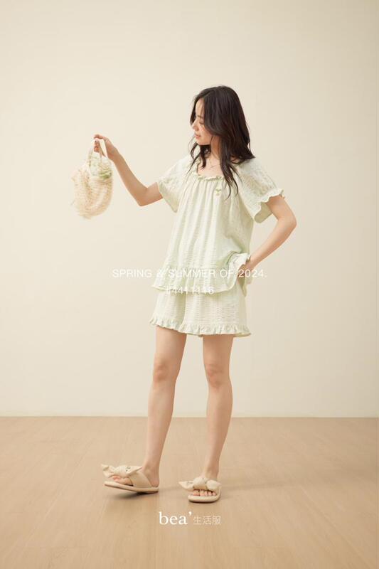 Bea New Summer Style Women's Round Neck Short-Sleeved Shorts Bubble Cotton Sweet Suit Pajamas Home Wear 4411116