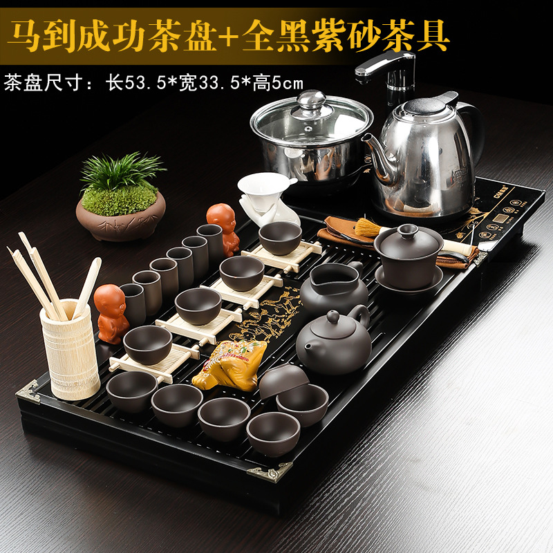 Sun bird automatic four unity of household solid wood tea tray tea set kung fu purple sand pottery and porcelain of a complete set of tea cups