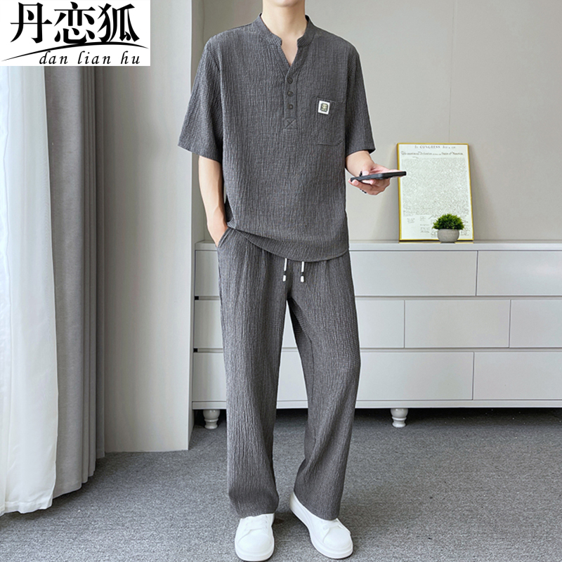 Textured Short-Sleeve Suit for Men, V-Neck T-Shirt, Summer 2026 New Style, Old Money Style, Loose Fit, Elegant and Chic Style Textured Short-Sleeve Suit for Men, V-Neck T-Shirt, Summer 2026 New Style, Old Money Style, Loose Fit, Elegant and Chic Style