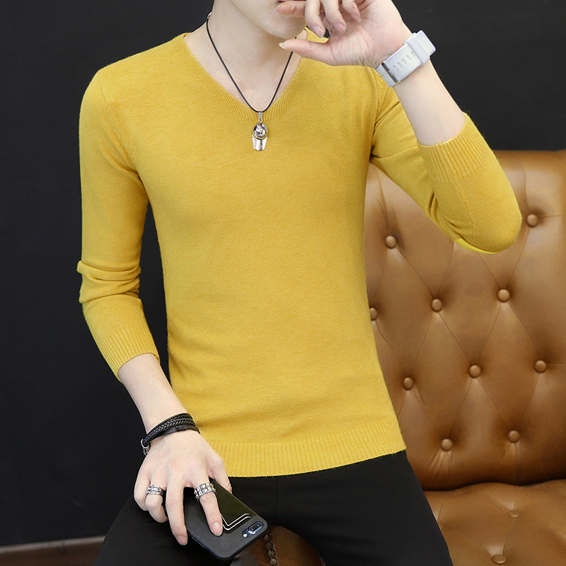 Long sleeve T-shirt men's V-collar knitted sweatshirt V collar Korean version Body Hair Stylist Pure color beating the bottom handsome clothes trend