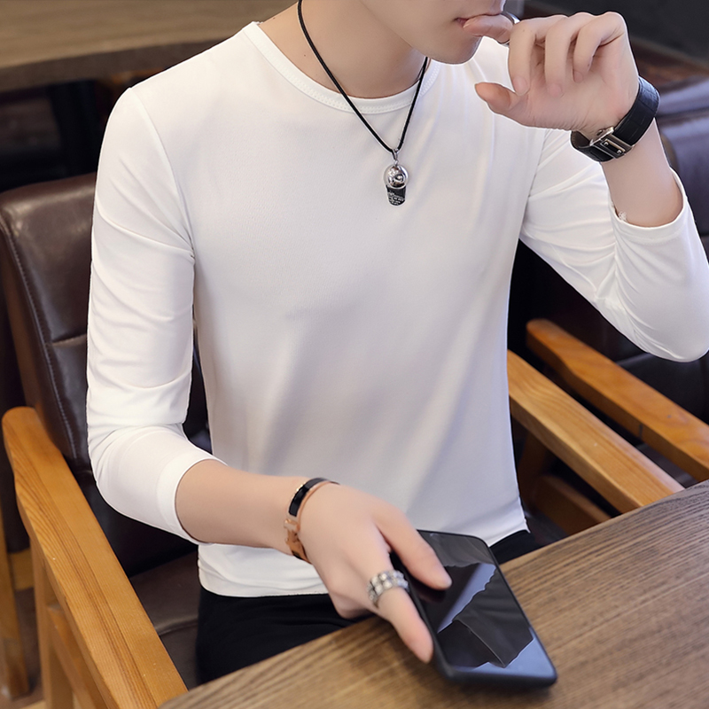 Men's long-sleeved solid color white T-shirt round neck inner top Youth Korean version of the student slim fit handsome V-neck T-shirt Men's clothing