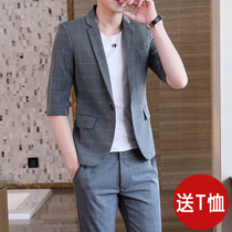 Suit suit mens coat Slim plaid casual mens summer thin small suit with a set of Korean version of the trend