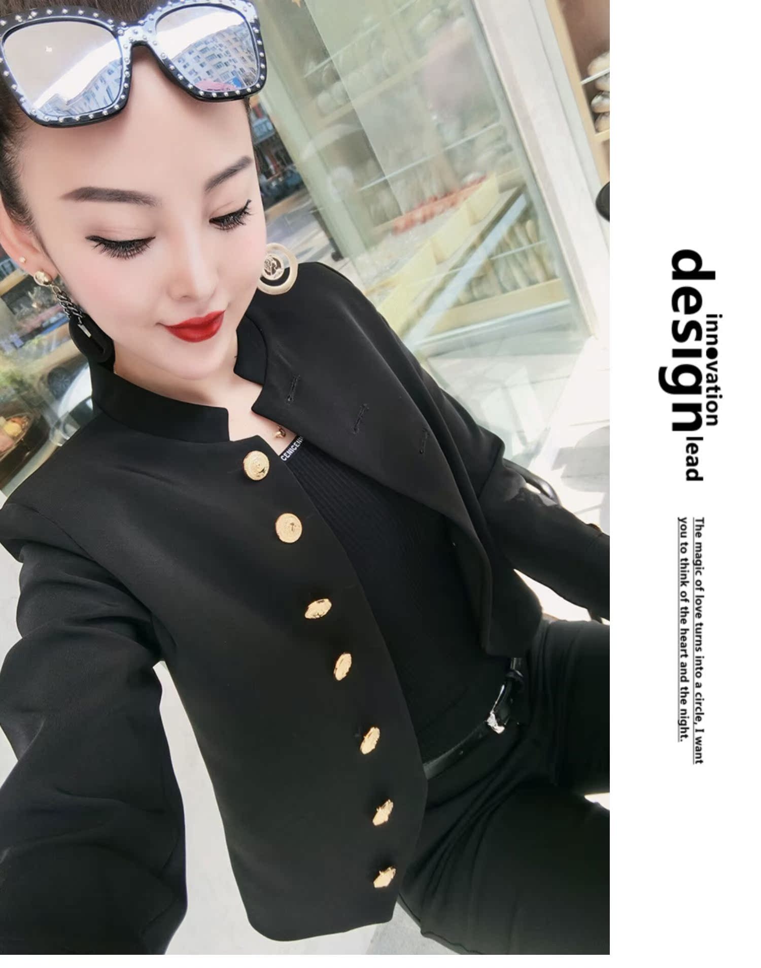 Áo khoác nữ màu đen mùa thu 2019 mới Hồng Kông hương vị áo cổ lọ áo khoác ngắn - Áo khoác ngắn áo dạ nữ dáng lỡ