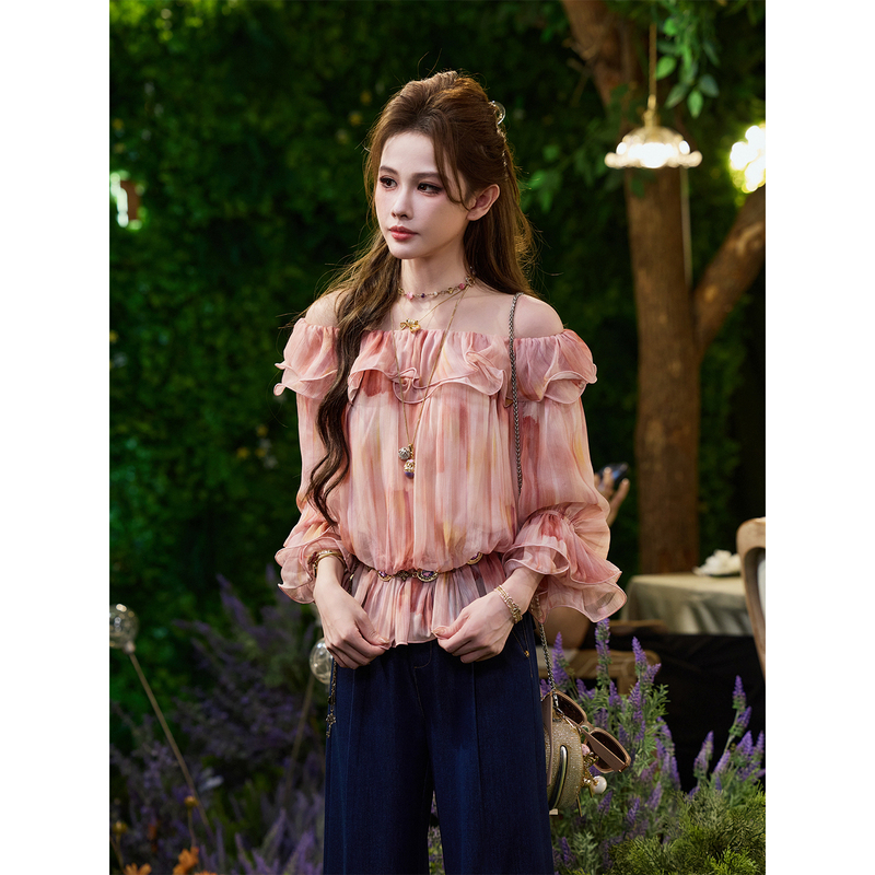 Tuntun Spring/Summer [Floral Clouds] Hazy Gradient Print Double-Layer Ruffle Off-Shoulder Chiffon Blouse