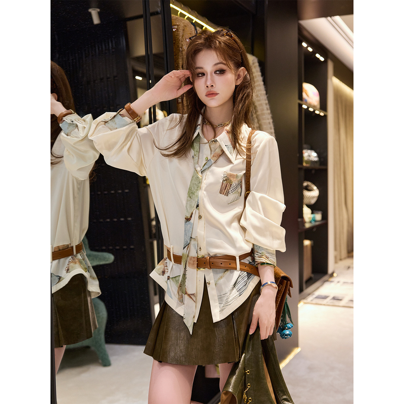 Tuntun Early Autumn [Seasonal Transition] Intellectual Artistic Niche Design Watercolor Gradient Ribbon Shirt