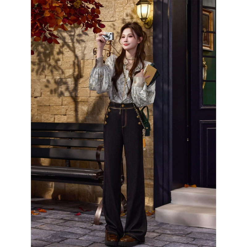 Tuntun Autumn/Winter [Gold Label Denim] Light Luxury Commuting Retro Gold Buttoned Topstitched Wide-Leg Casual Pants
