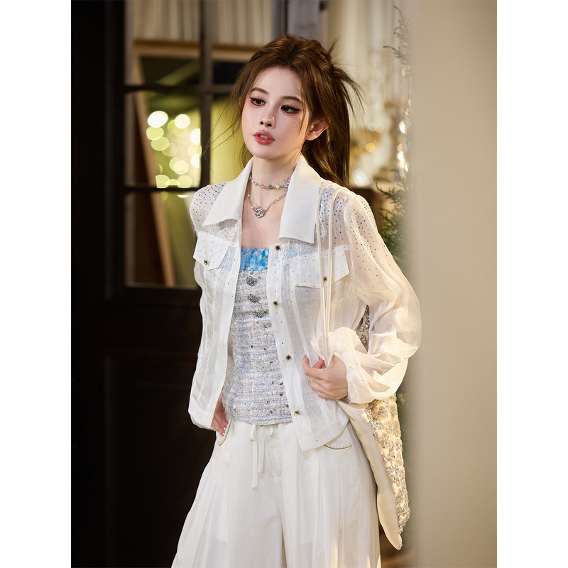 Tuntun Spring/Summer [Summer Flowing Clouds] Lightweight and Translucent Sunscreen Shirt with Shimmering Texture and Diamond Waist-Cinching Design