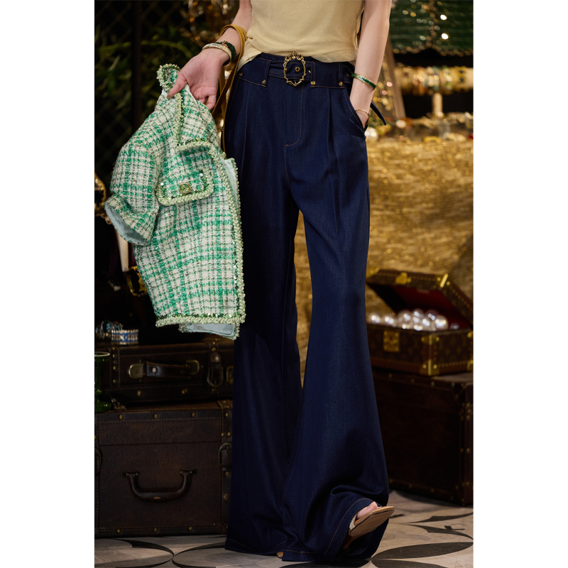 Tuntun Spring/Summer [Blue Bay Holiday] Denim Commuting Style High-Waisted Slimming Faux Denim Flared Wide-Leg Pants