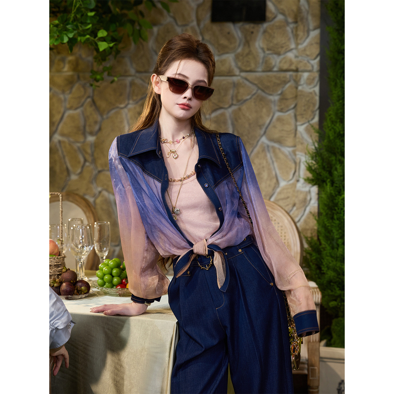 Tuntun Spring/Summer [Sunset Shirt] Advanced Gradient Color Block Faux Denim Shimmering Shirt