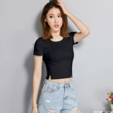 Короткая футболка с коротким рукавом, универсальный ростомер для пупка, круглый воротник, облегающий крой, высокая талия, в западном стиле, в корейском стиле, в обтяжку