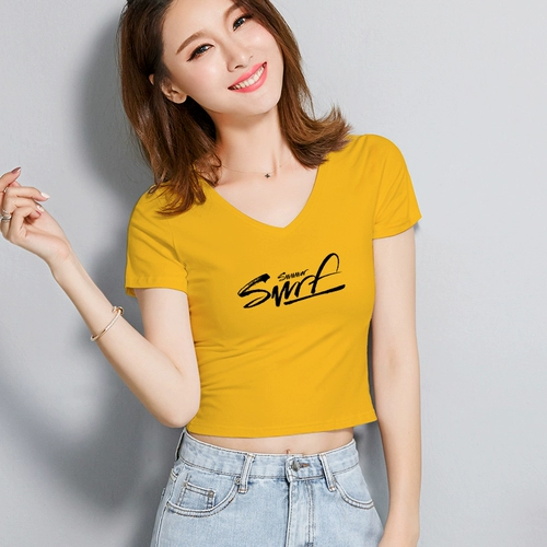 Белая короткая футболка, летняя одежда, короткий рукав, коллекция 2022, в корейском стиле, V-образный вырез, высокая талия