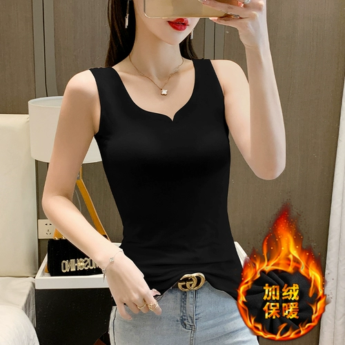 Черная флисовая демисезонная приятная телу бархатная удерживающая тепло майка топ, облегающий крой, в западном стиле