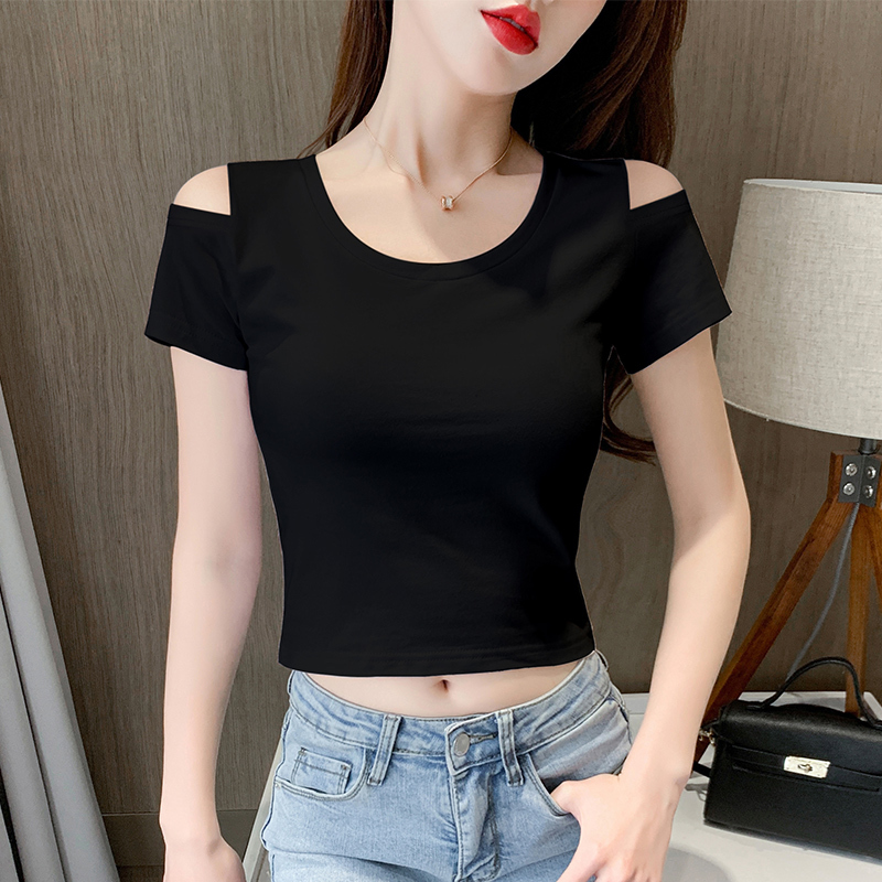 Black Short T-Shirt for Women, Short-Sleeved, Off-Shoulder, Slim Fit, Round Neck, 2026 Summer New Style, High-Waisted, Belly-Baring, Tight-Fitting Top