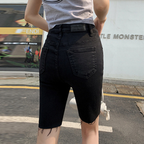 2020 spring and summer new black denim five-point pants womens high waist elastic middle pants tight riding slim 5 points shorts
