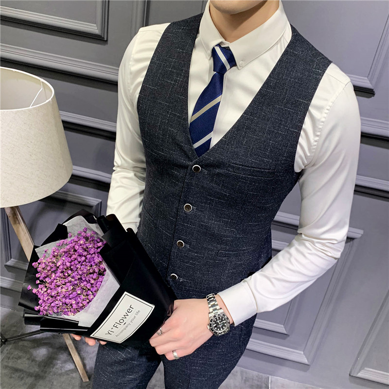 夏季男士格纹马甲西裤套装结婚礼服工作服大码