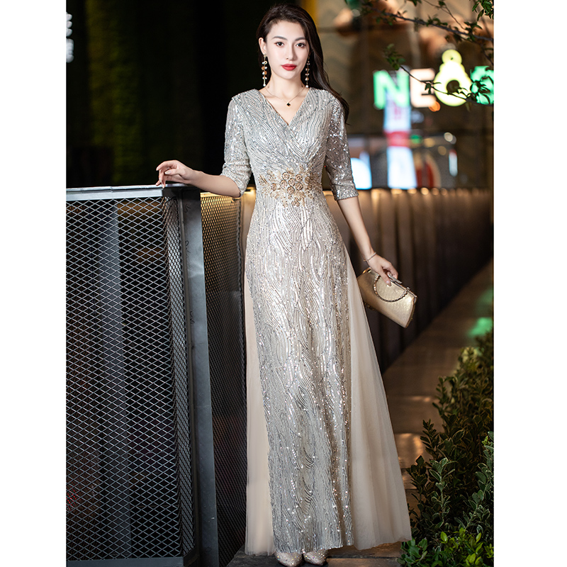  M+Long, champagne color, V-neckline  