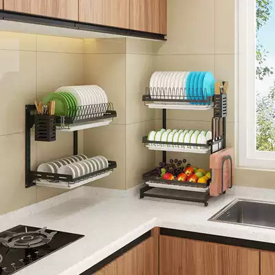 Black stainless steel kitchen rack Wall-mounted dishes, knives, chopsticks, drain bowl rack, punch-free drying bowl, bowl storage rack