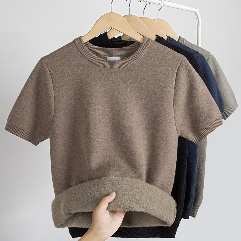 2025 Autumn/Winter New Short-Sleeve Sweater for Men, Trendy Brand, Simple Round Neck Pullover Knitwear, Fleece-Lined, Warm, Half-Sleeve, Slim Fit