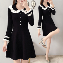 Knitted dress autumn 2020 new black doll collar slim thin little man long-sleeved skirt womens autumn and winter