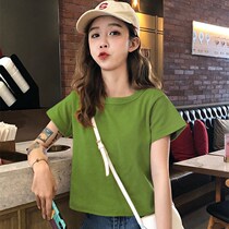 Short-sleeved womens 2021 new super fire net red small top womens summer short high-waisted avocado green t-shirt ins tide