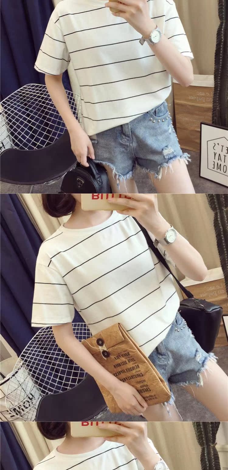 Mùa hè 2018 mới retro bến cảng gió rộng sọc ngắn tay áo thun nữ BF gió buông lỏng nửa áo sinh viên Hàn Quốc áo form rộng nữ